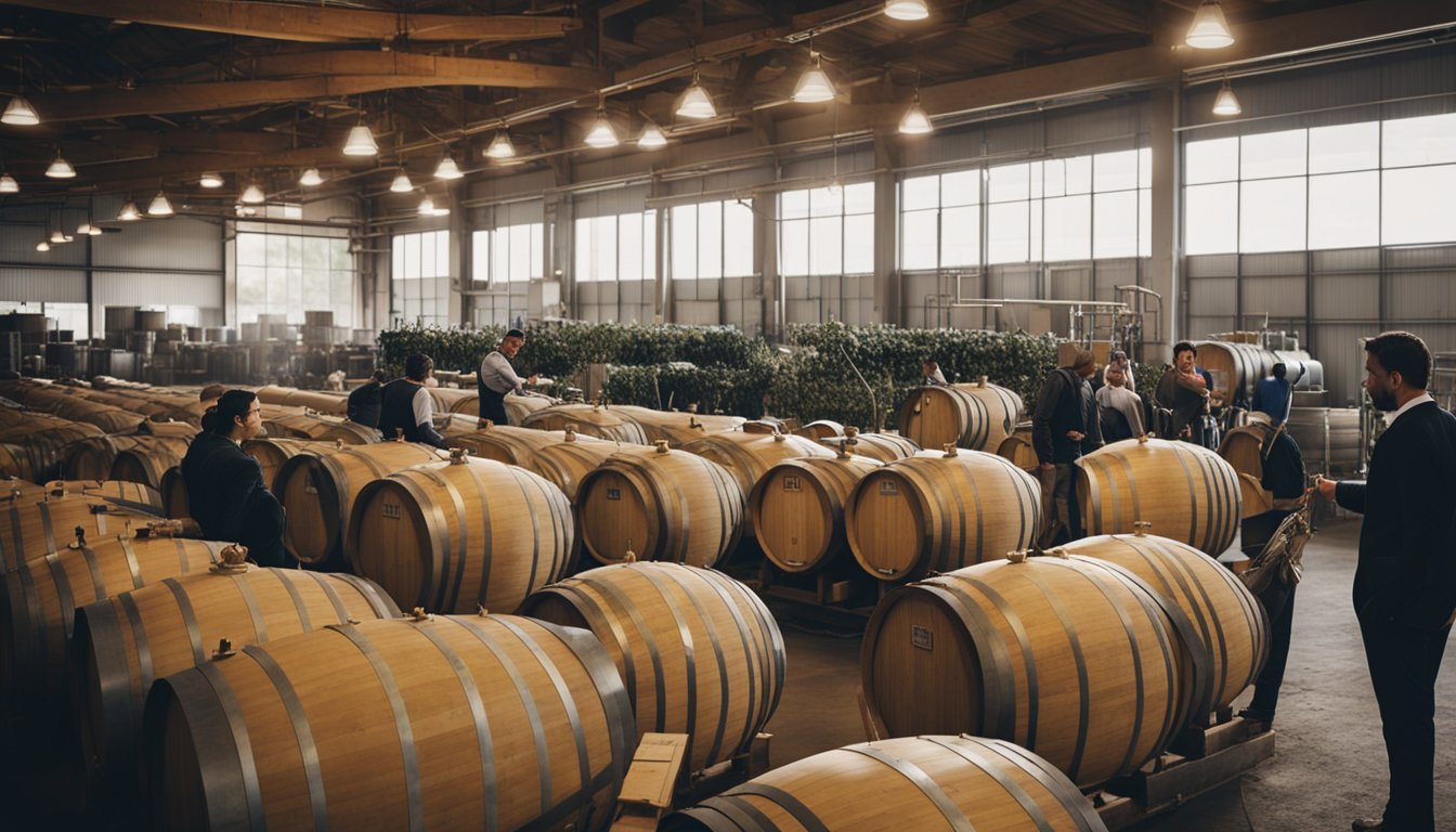 The winery is bustling with activity as workers tend to the vineyards, machinery hums in the background, and managers oversee the operations. A sense of investment and growth is palpable in the air