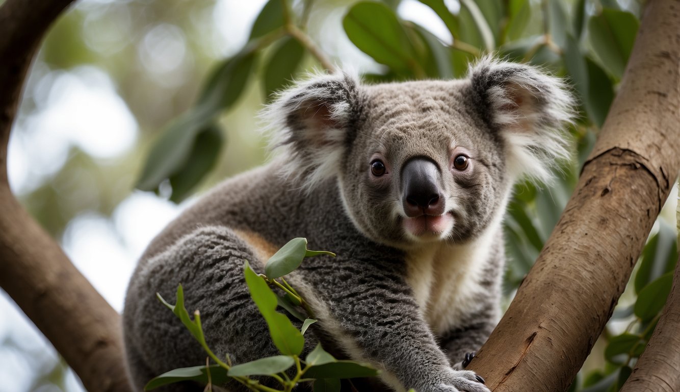 A koala joey emerges from its mother's pouch and climbs up a eucalyptus tree to feed on the leaves.

The lush green foliage provides a peaceful and natural habitat for the young koala
