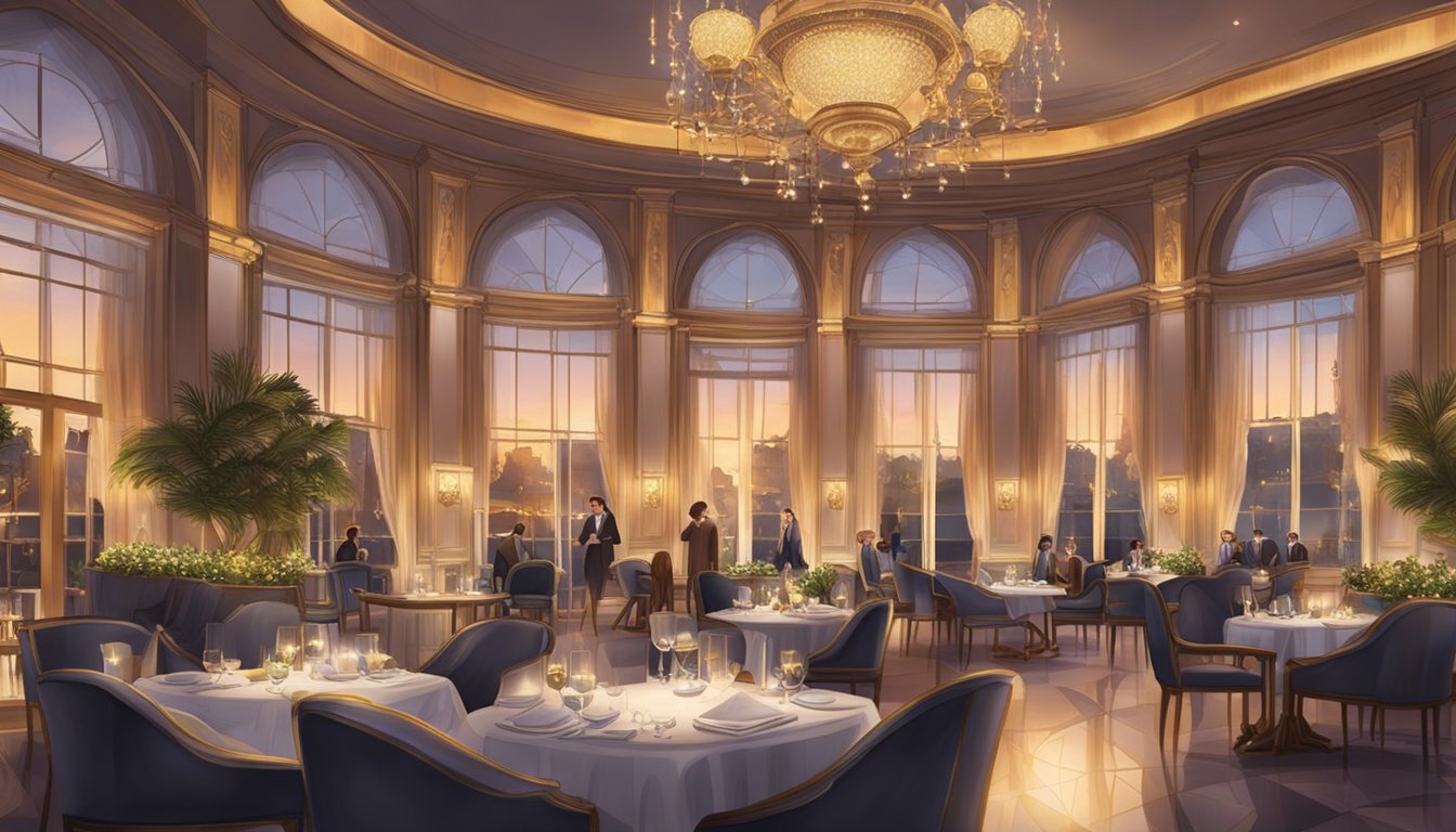 The elegant Palais Renaissance restaurants buzz with diners and soft lighting, offering a sophisticated and luxurious dining experience