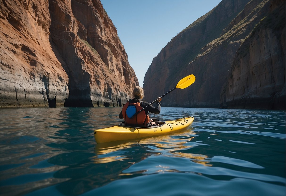A sea kayak glides through calm waters, surrounded by rugged cliffs and a clear blue sky. The paddles dip into the water, creating ripples as the kayak moves gracefully through the serene seascape