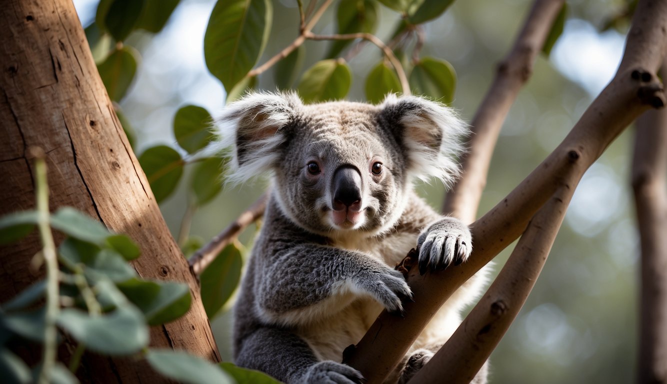 A koala joey emerges from its mother's pouch, clinging to her back, then climbs a eucalyptus tree to feed on the leaves