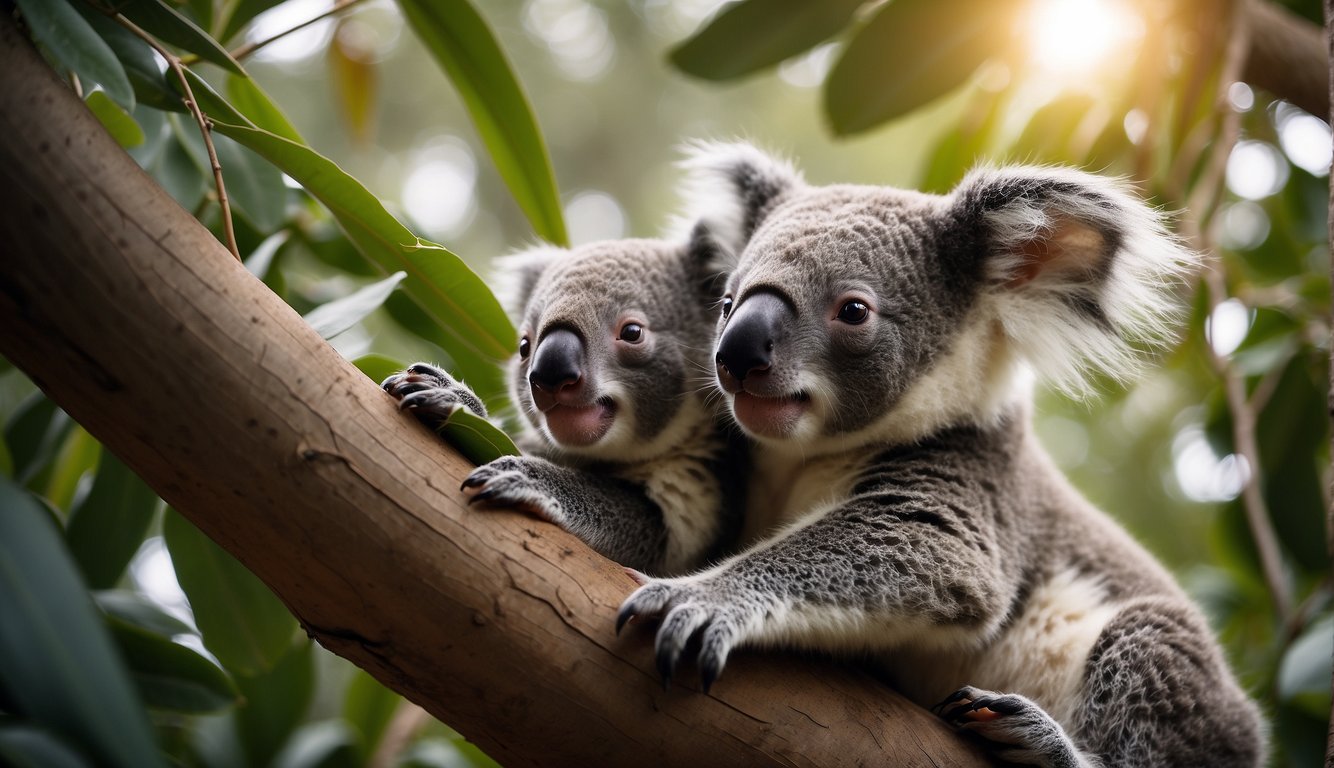 A koala joey emerges from its mother's pouch and climbs up a eucalyptus tree, surrounded by lush green foliage and a peaceful forest setting