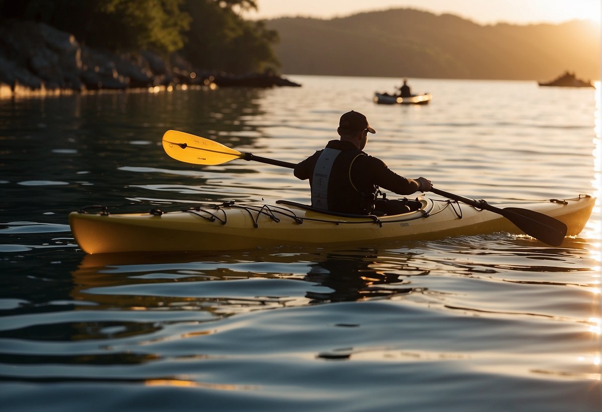 A sea kayak glides through calm waters, paddle slicing through the surface with precision and grace. The sun sets in the distance, casting a warm glow over the scene