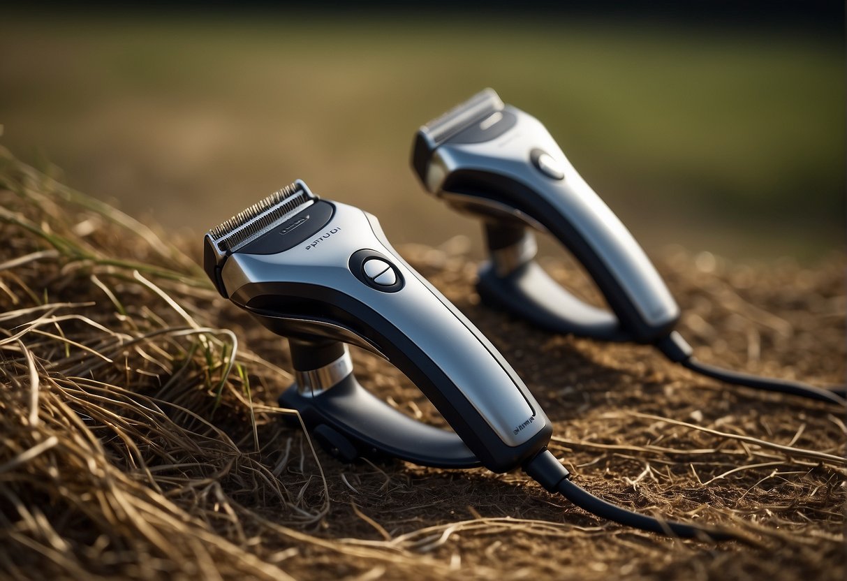 Electric razors hum as they glide over stubble, emitting a soft vibration. The sleek, metallic blades effortlessly trim hair, creating a clean, precise shave