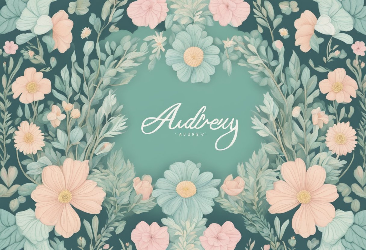 Audrey's name in soft pastel colors surrounded by delicate floral motifs