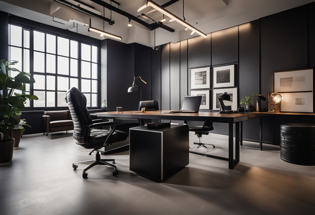 A sleek desk with a leather chair, modern artwork on the wall, and industrial lighting in a masculine office design