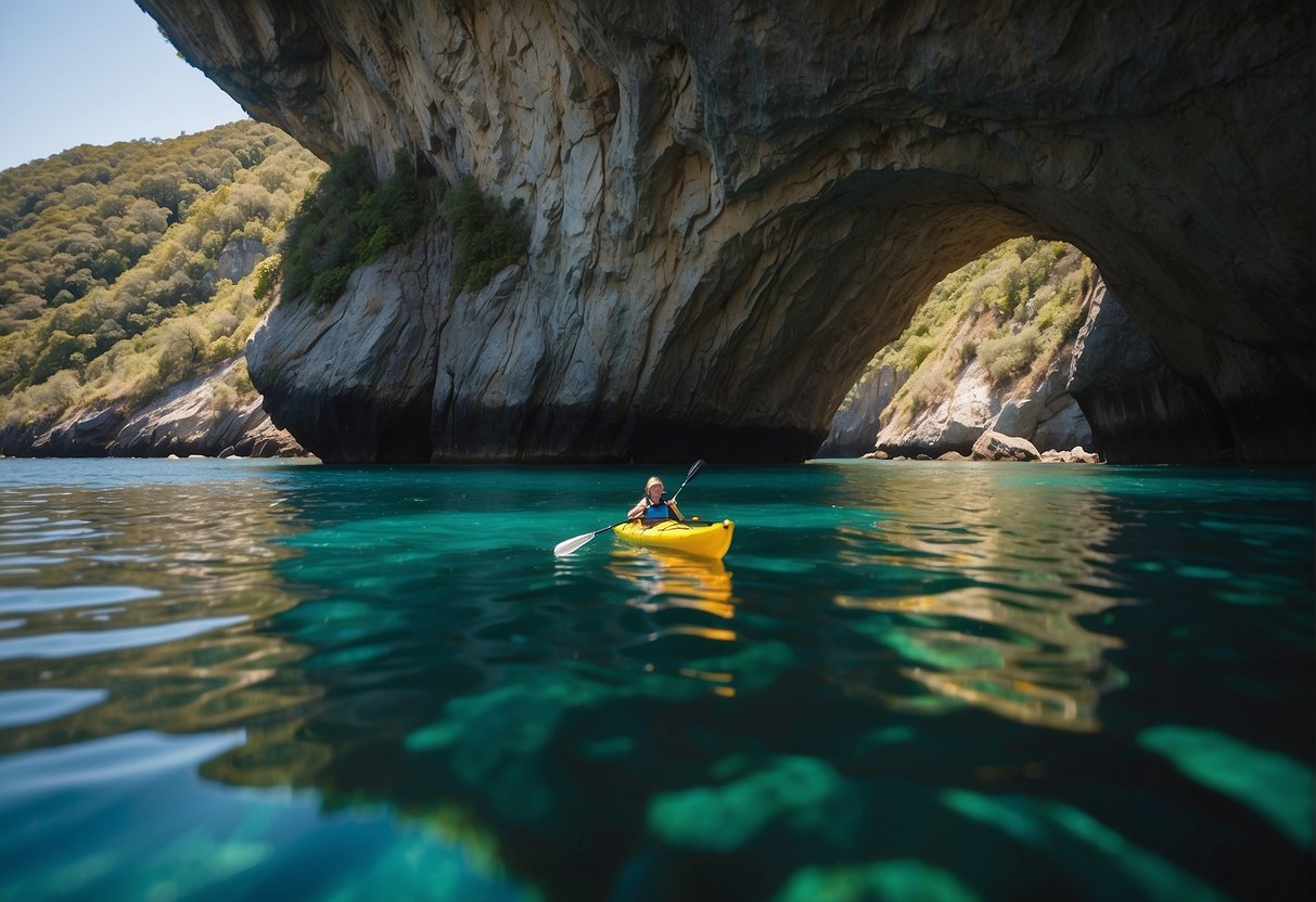 Crystal-clear water reflects the vibrant marine life below as a sea kayak glides through the serene ocean, surrounded by lush greenery and rocky cliffs