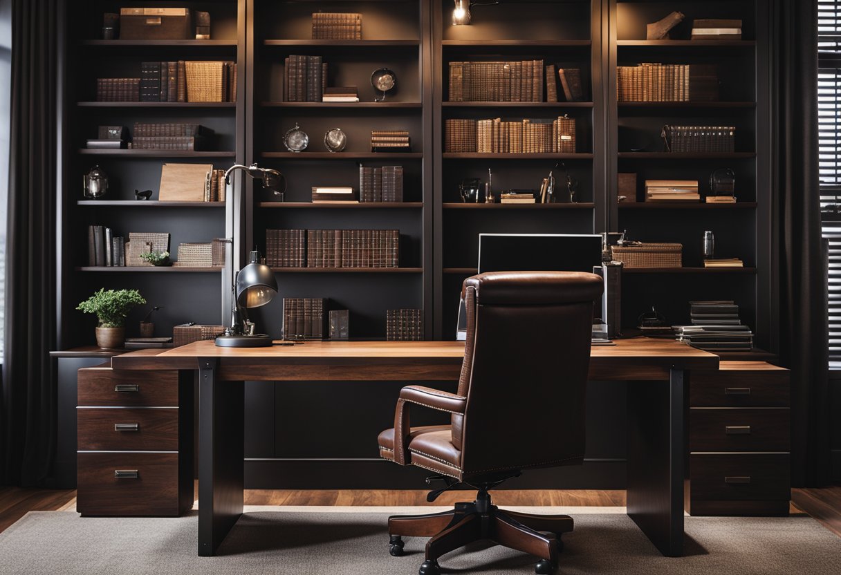 A sleek desk with a leather chair, dark wood bookshelves, and industrial lighting in a masculine home office design
