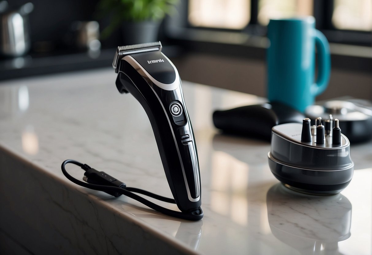 An electric razor on a clean, well-lit countertop, surrounded by a small brush, oil, and a charging cord