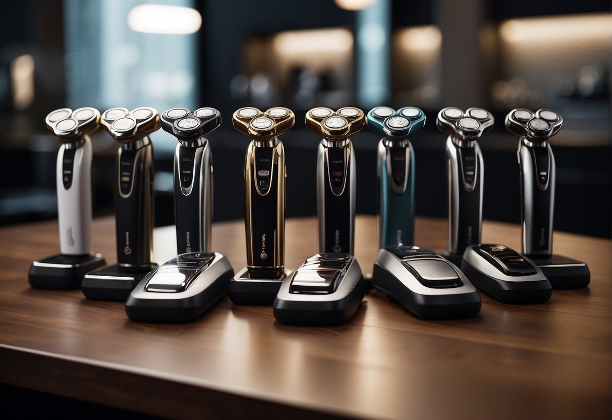 Various electric razors from popular models and brands are displayed on a sleek, modern countertop. The razors are arranged neatly with their charging docks and accessories, creating an enticing and organized display