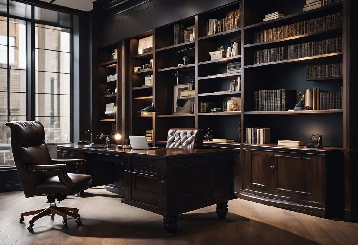 A sleek desk with leather chair, dark wood bookshelves, and industrial lighting create a sophisticated and functional masculine office design