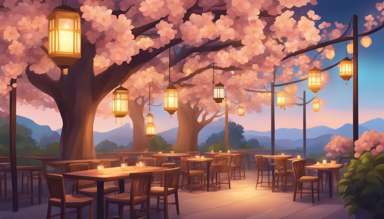 A cozy peach garden restaurant with blooming trees, wooden tables, and lanterns casting a warm glow