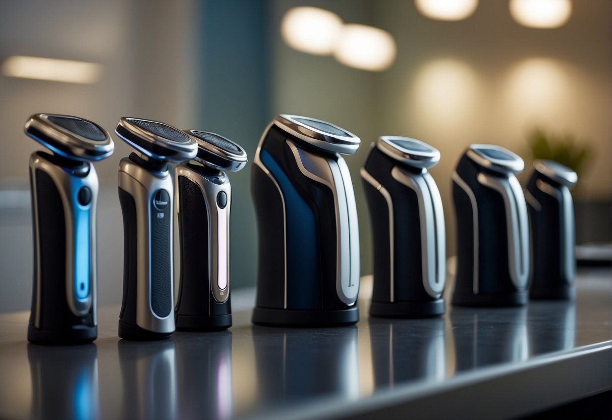 Electric razors in a neat row on a sleek, modern countertop. The light reflects off their polished surfaces, creating a sense of precision and efficiency