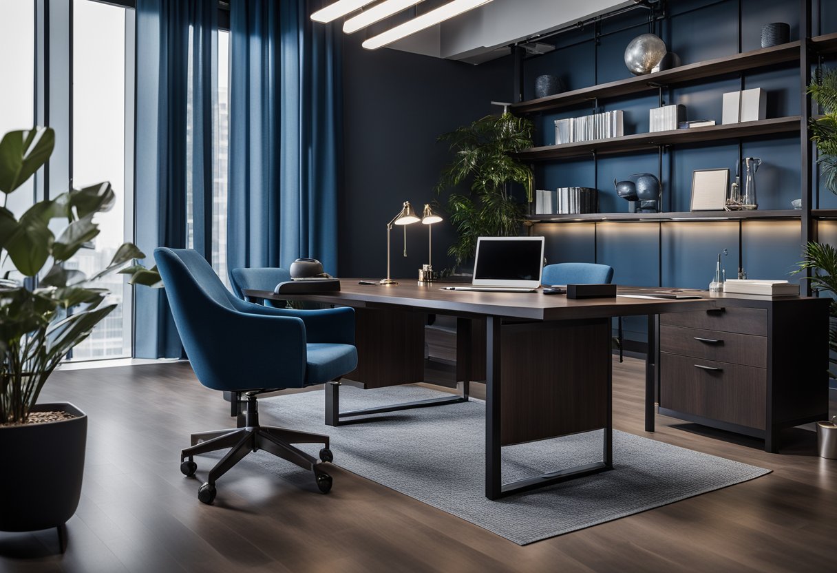 A modern, sleek office with clean lines, dark wood furniture, and pops of deep blue and gray accents. Industrial lighting and minimalist decor give off a professional and masculine vibe