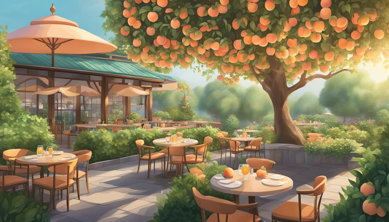 A lush peach garden with vibrant trees and a serene restaurant nestled within