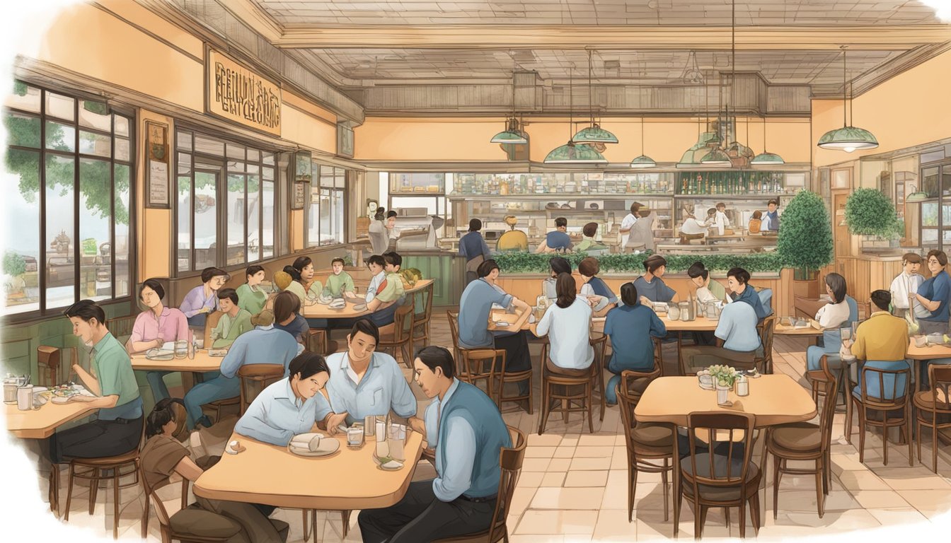 A bustling restaurant with tables filled with patrons, waitstaff busy serving dishes, and a prominent sign reading "Frequently Asked Questions peach garden restaurant."