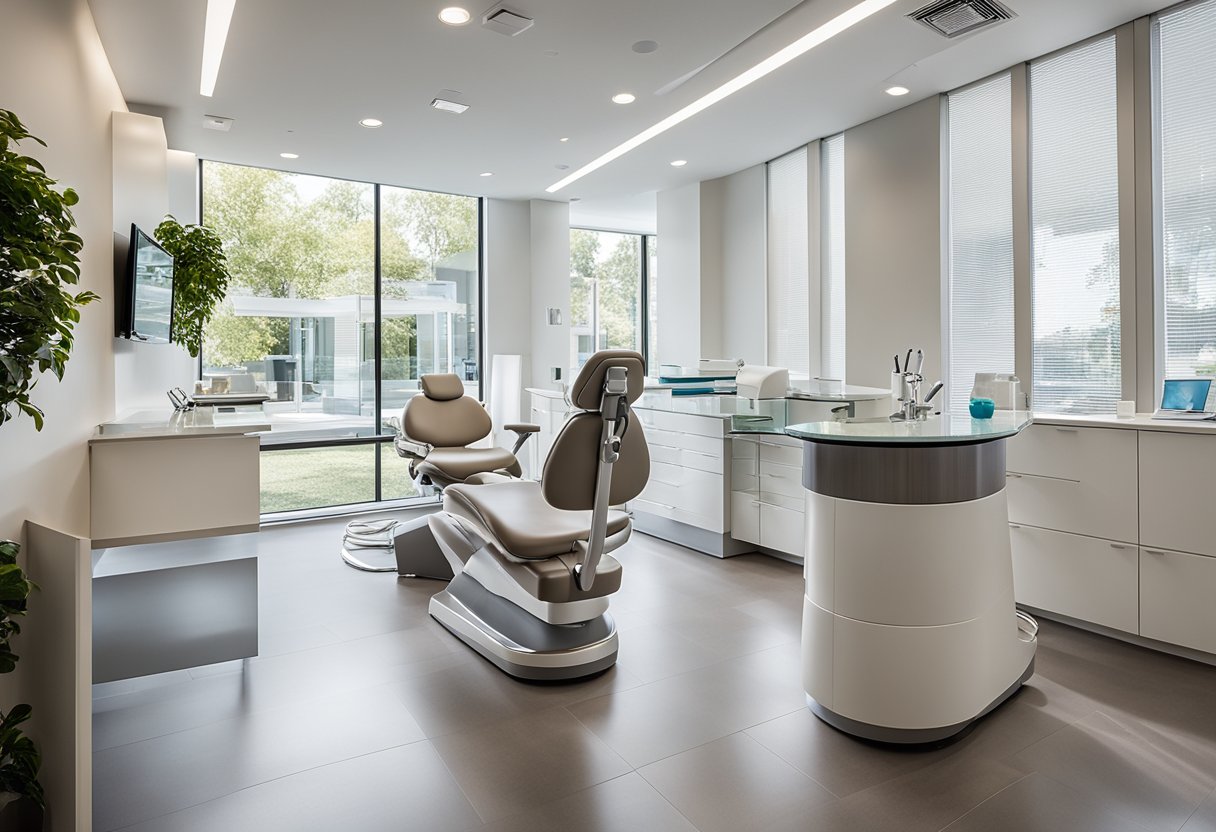 The modern dental office features sleek, minimalist furniture, large windows for natural light, and state-of-the-art equipment. The color scheme is neutral with pops of vibrant accents