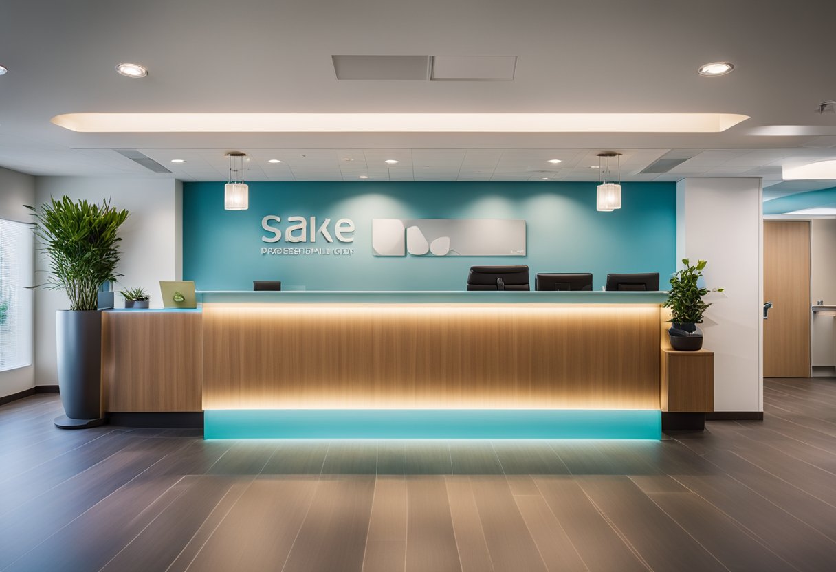 A spacious, well-lit waiting area with comfortable seating, soothing colors, and modern decor. A reception desk with friendly staff welcomes patients. Treatment rooms feature state-of-the-art equipment and calming ambiance