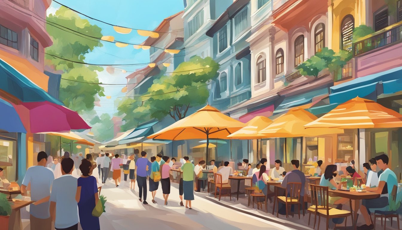 A bustling street lined with colorful, vibrant restaurants in Singapore. The aroma of various cuisines fills the air as people dine al fresco