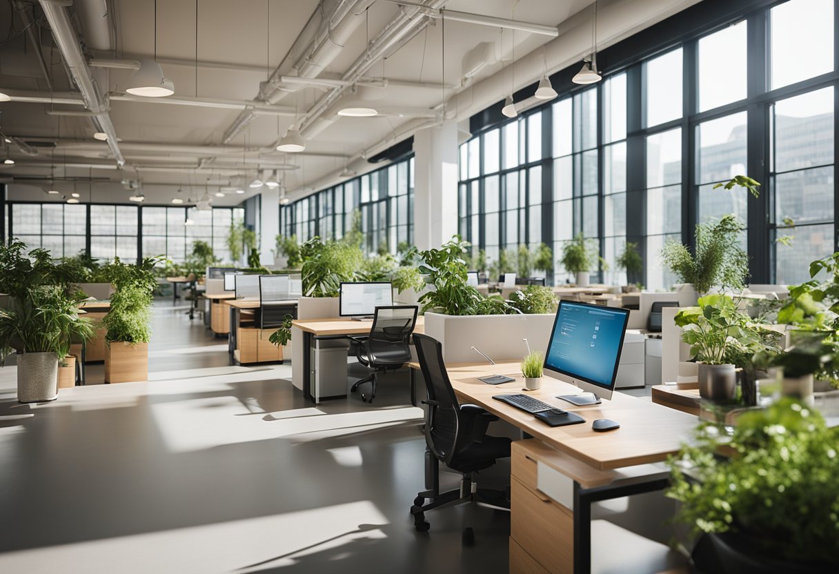 A bright, open office space with natural light, energy-efficient fixtures, and sustainable materials. Plants and greenery add a touch of nature, while ergonomic furniture promotes comfort and productivity
