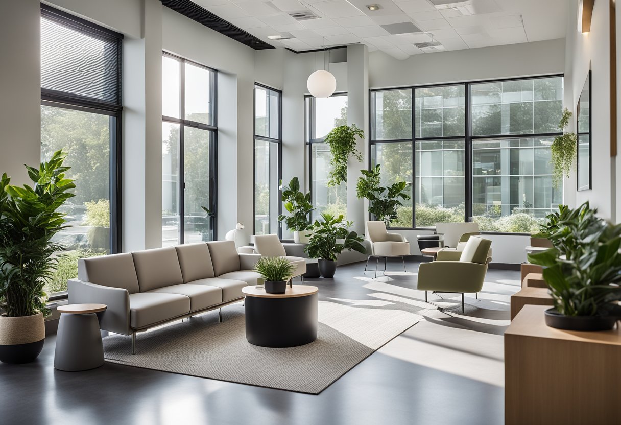 The modern dental office features sleek, minimalist furniture and a calming color scheme. Large windows let in natural light, and potted plants add a touch of greenery. The reception area is welcoming, with comfortable seating and a stylish front desk
