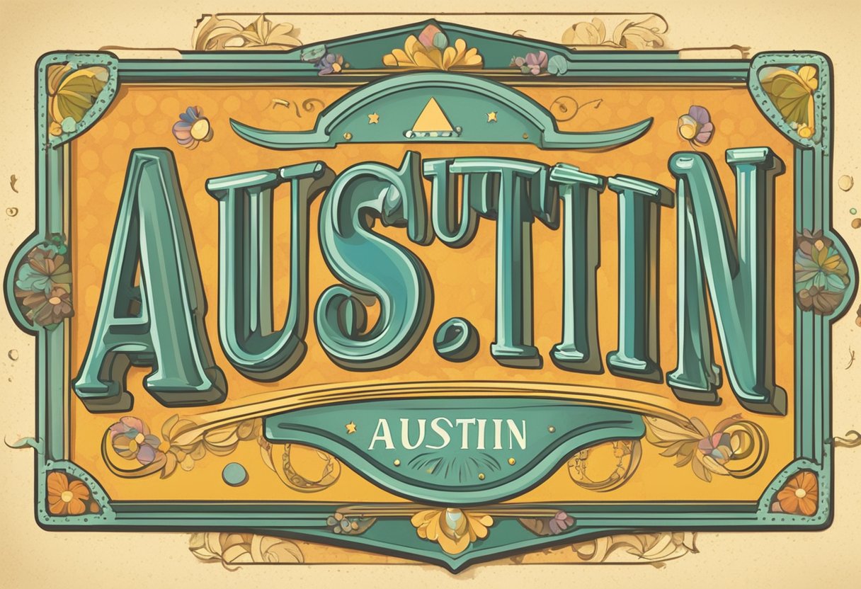 A baby name "Austin" displayed on a vintage-inspired nameplate with decorative lettering and surrounded by playful and colorful elements