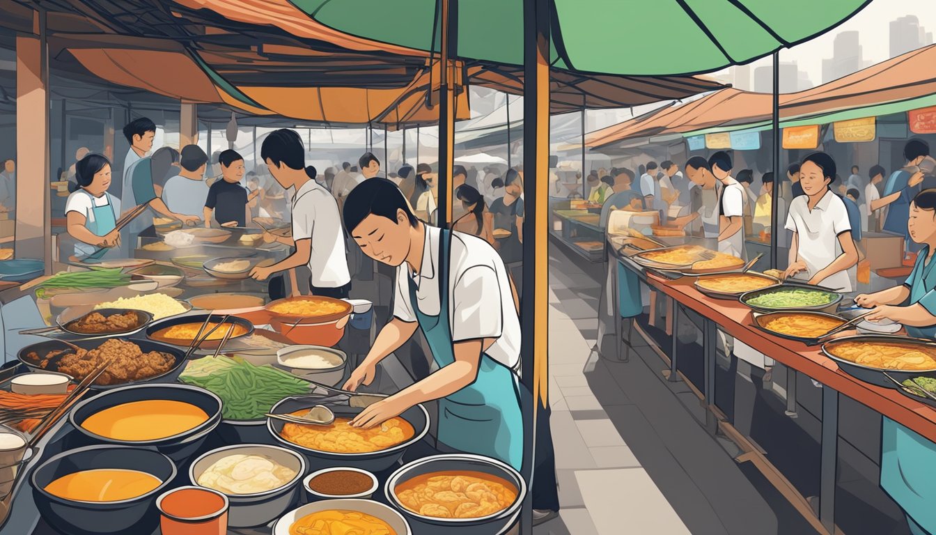 A bustling hawker center with colorful stalls serving up steaming bowls of laksa, sizzling plates of Hainanese chicken rice, and fragrant skewers of satay. The air is filled with the aroma of spices and the sound