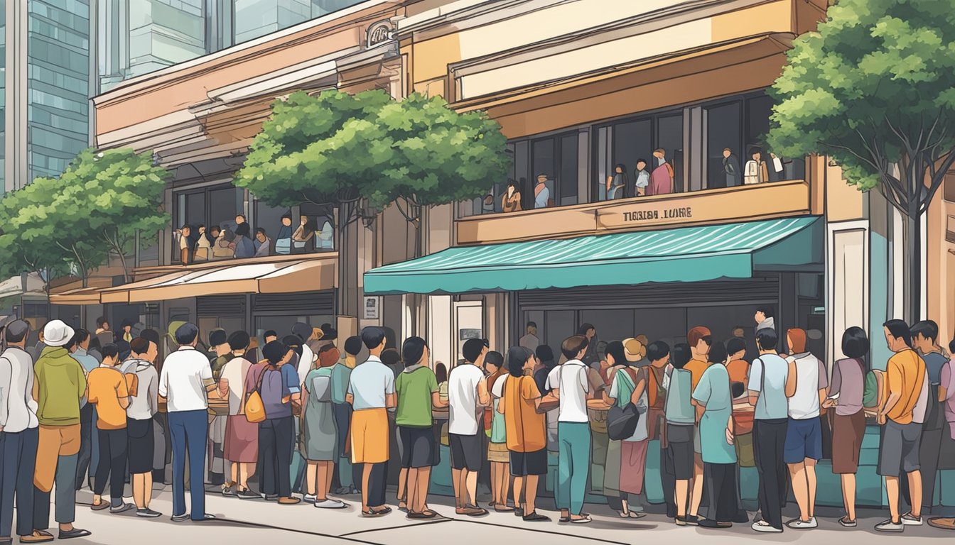 Customers lining up outside bustling restaurants in Singapore, eagerly awaiting their turn to taste the city's renowned cuisine