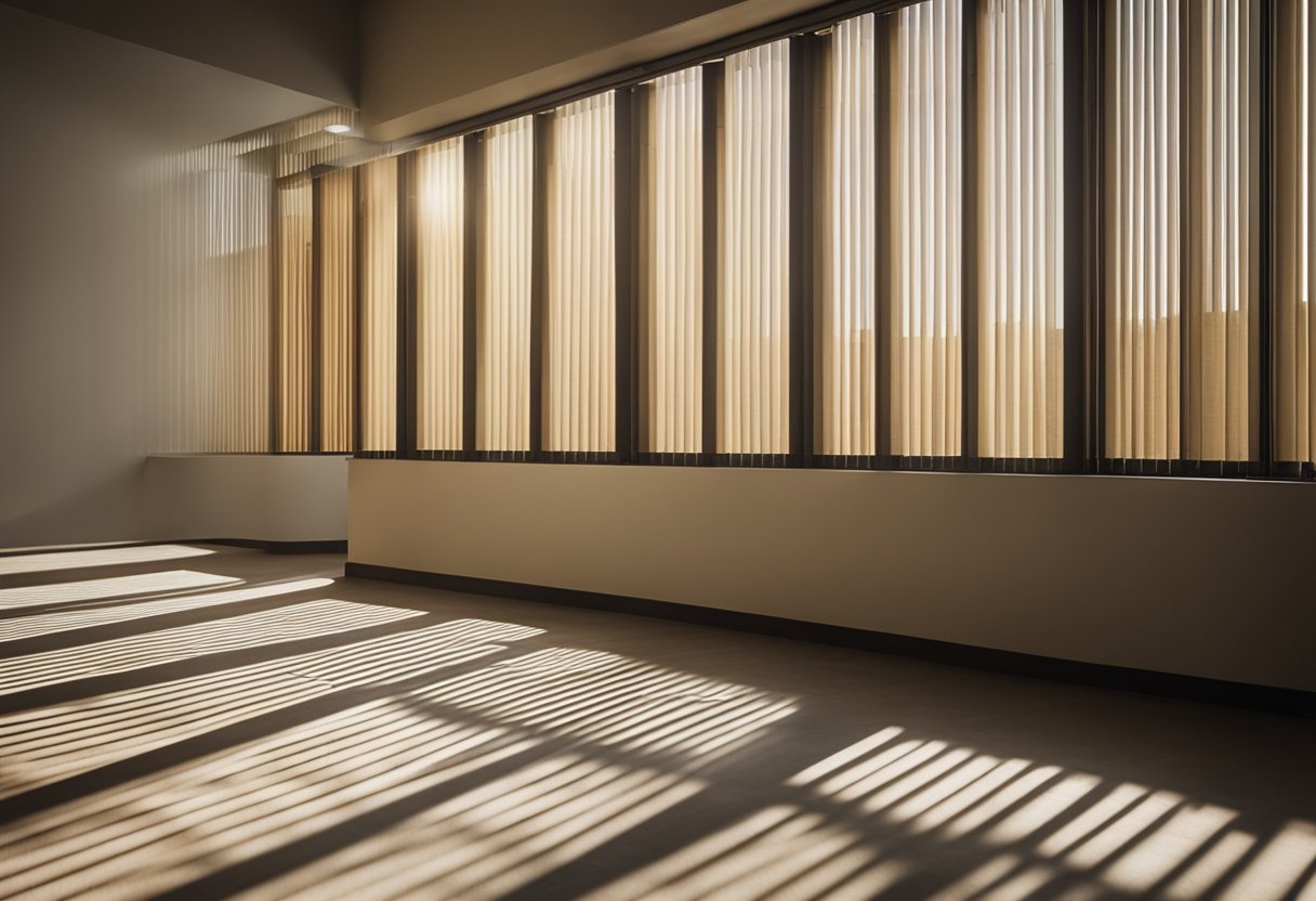 The sunlight filters through the horizontal office blinds, creating a pattern of light and shadow on the desk and floor