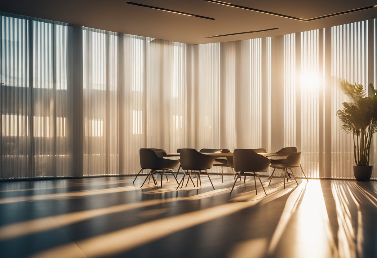 Sunlight filters through sleek office blinds, casting geometric patterns on the polished floor. The room is bathed in a warm, inviting glow, creating a tranquil and productive ambiance