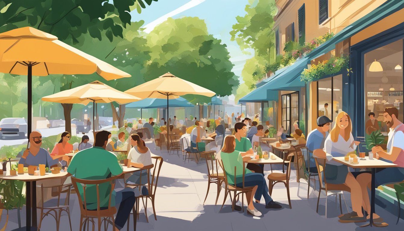 People dining at outdoor restaurants, surrounded by lush greenery and a bustling atmosphere. Shops and cafes line the street, with families and friends enjoying a leisurely day out