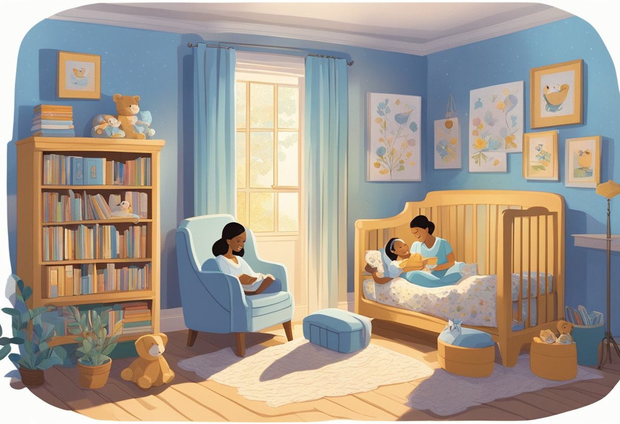 A couple sits in a cozy nursery, surrounded by baby name books and colorful name cards. They smile as they settle on the name "Azul" for their soon-to-arrive bundle of joy