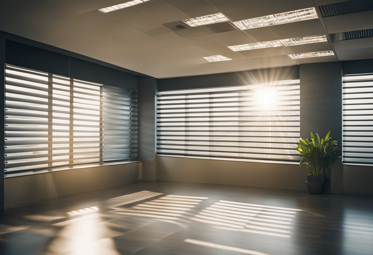 The office blinds are a modern design, with sleek horizontal slats in a neutral color. The sunlight filters through, casting soft shadows on the floor