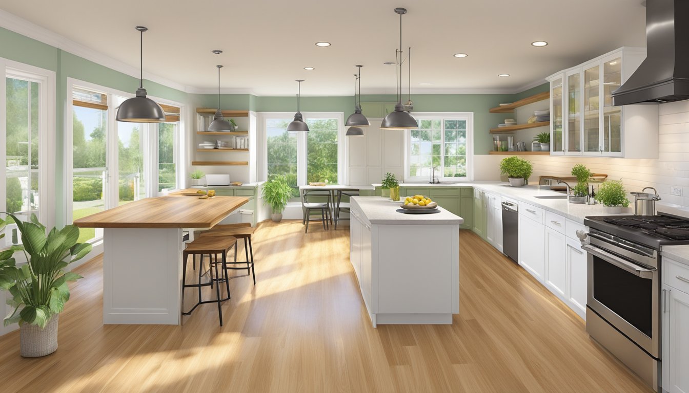 A bright, modern kitchen with sustainable bamboo flooring, energy-efficient LED lighting, and recycled glass countertops. Eco-friendly paint and low-VOC adhesives complete the environmentally conscious renovation