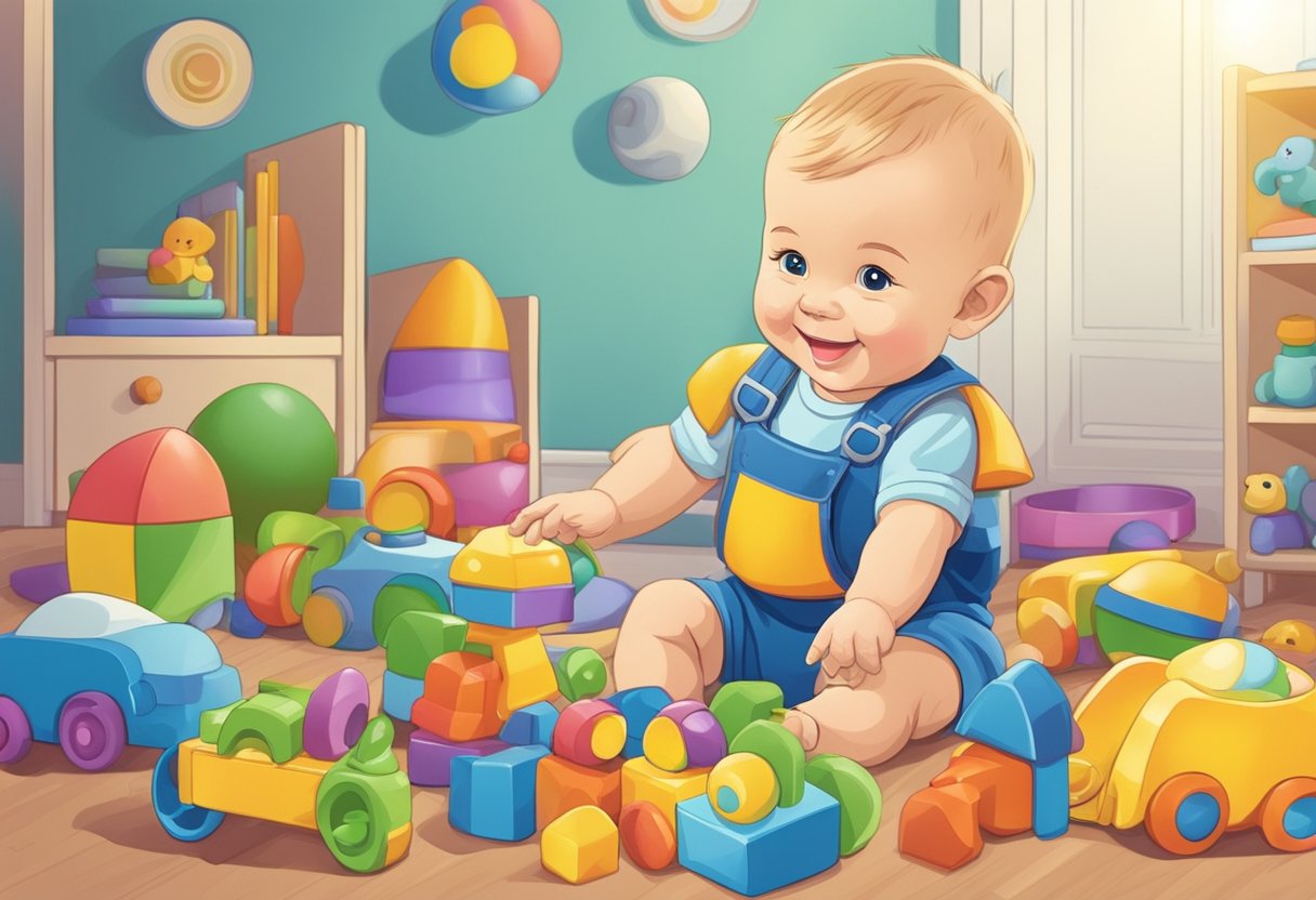 A smiling baby named Beau playing with colorful toys
