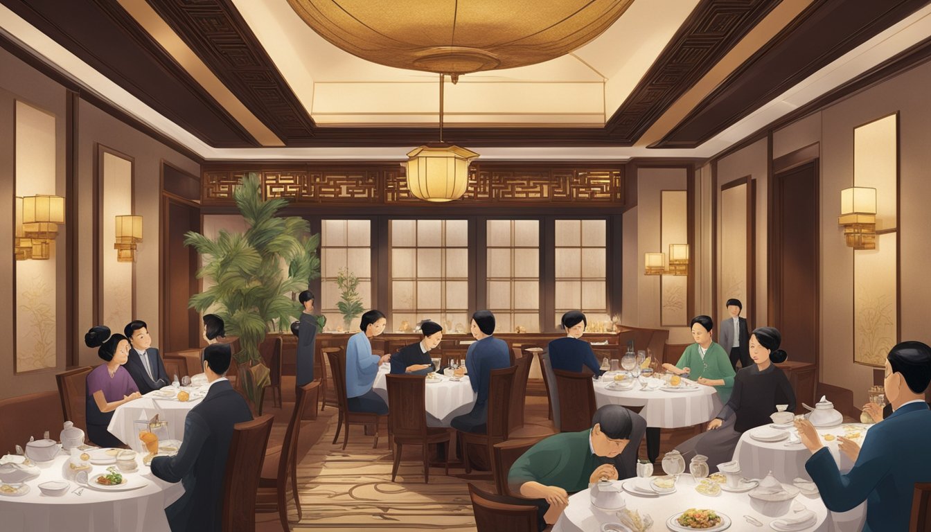 Guests sit at elegant tables in the Ritz Carlton Chinese restaurant, surrounded by traditional decor and dim lighting. The aroma of savory dishes fills the air as staff members attend to their needs