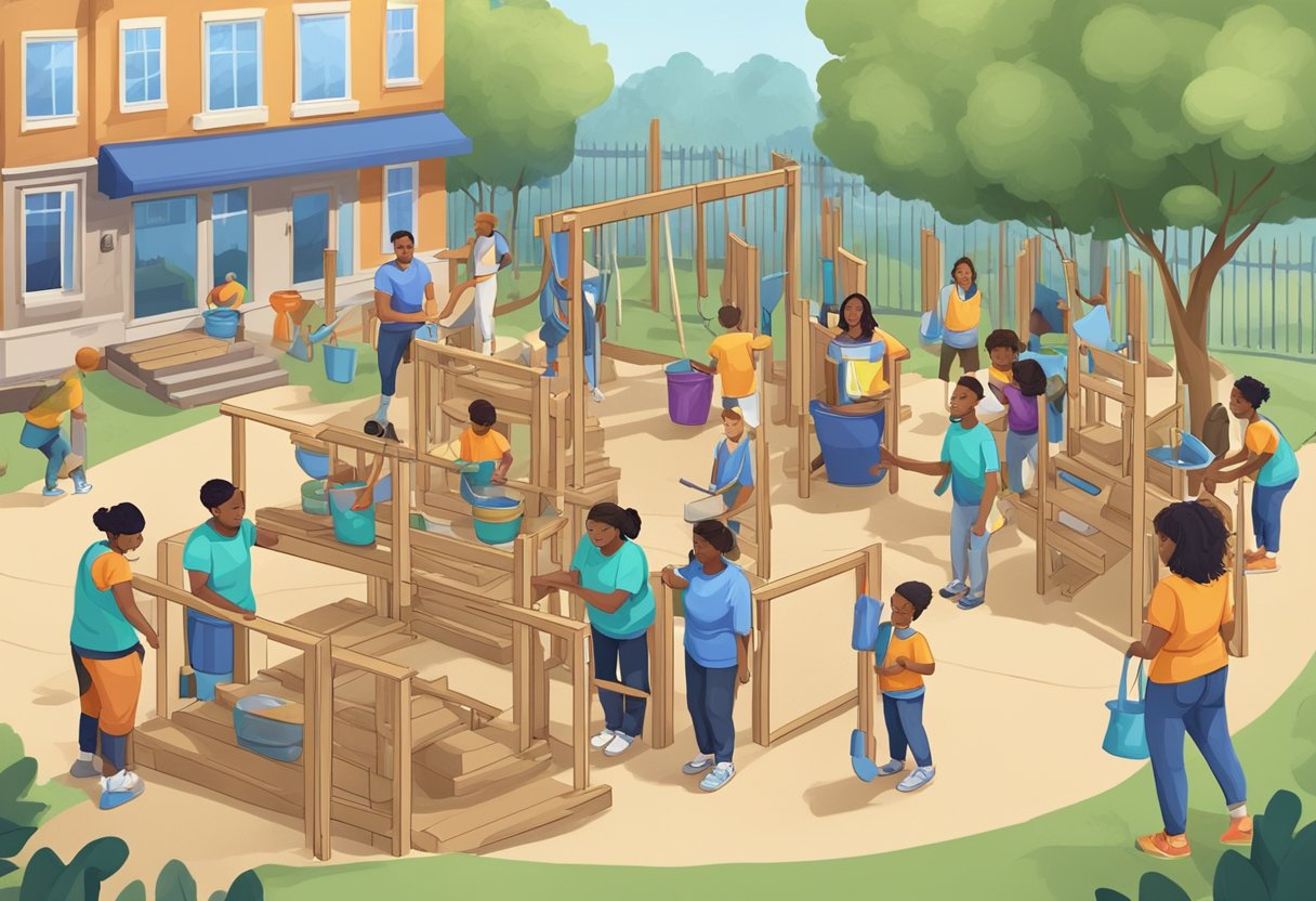 A group of volunteers construct a playground, while others teach skills like coding and cooking to eager participants