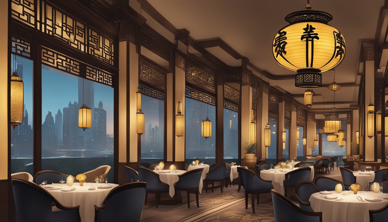 The elegant Chinese restaurant at Ritz Carlton, with dimly lit lanterns, ornate decor, and a bustling atmosphere
