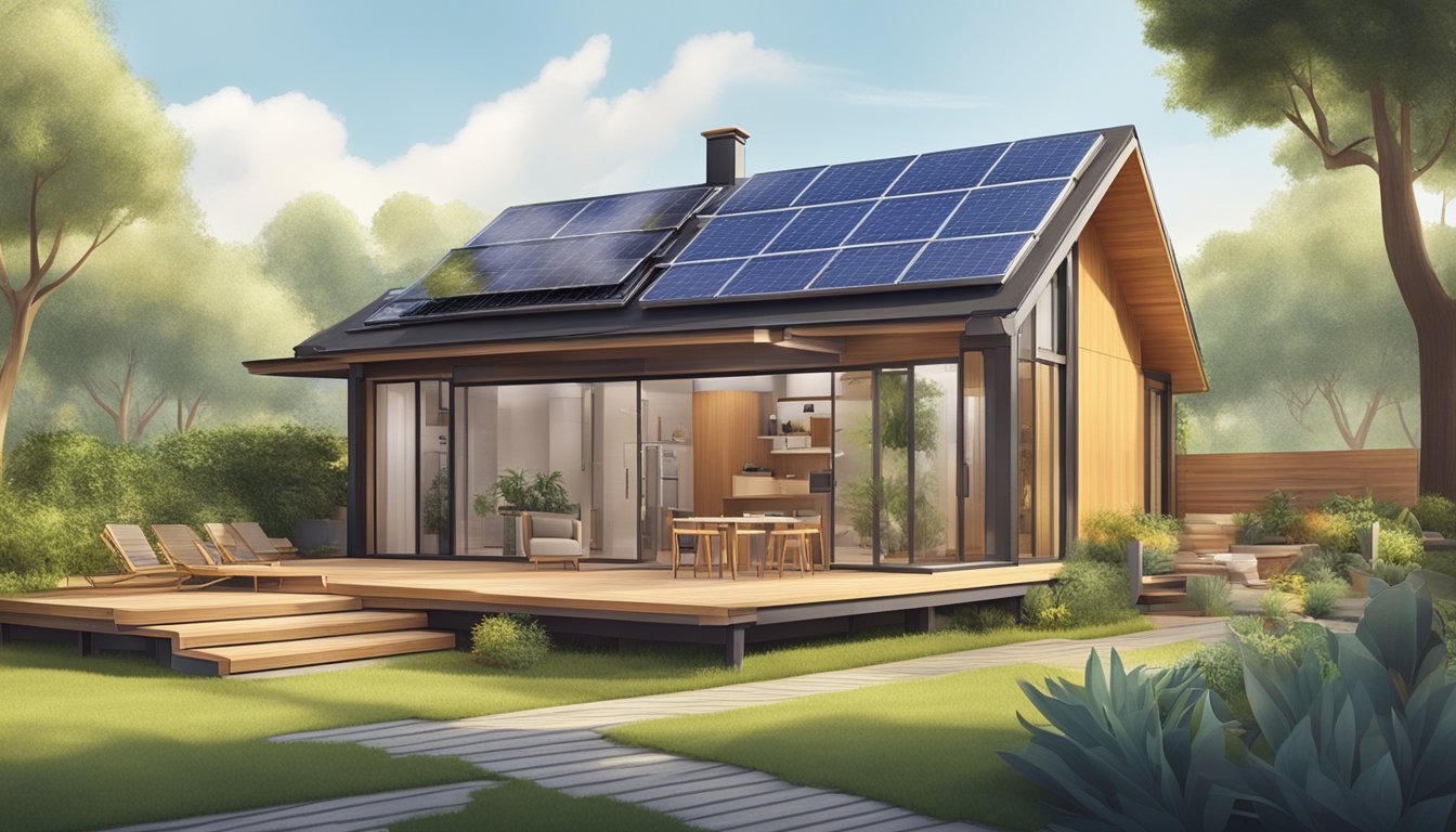 A house made of sustainable materials, surrounded by eco-friendly landscaping, with solar panels on the roof and recycled furniture inside