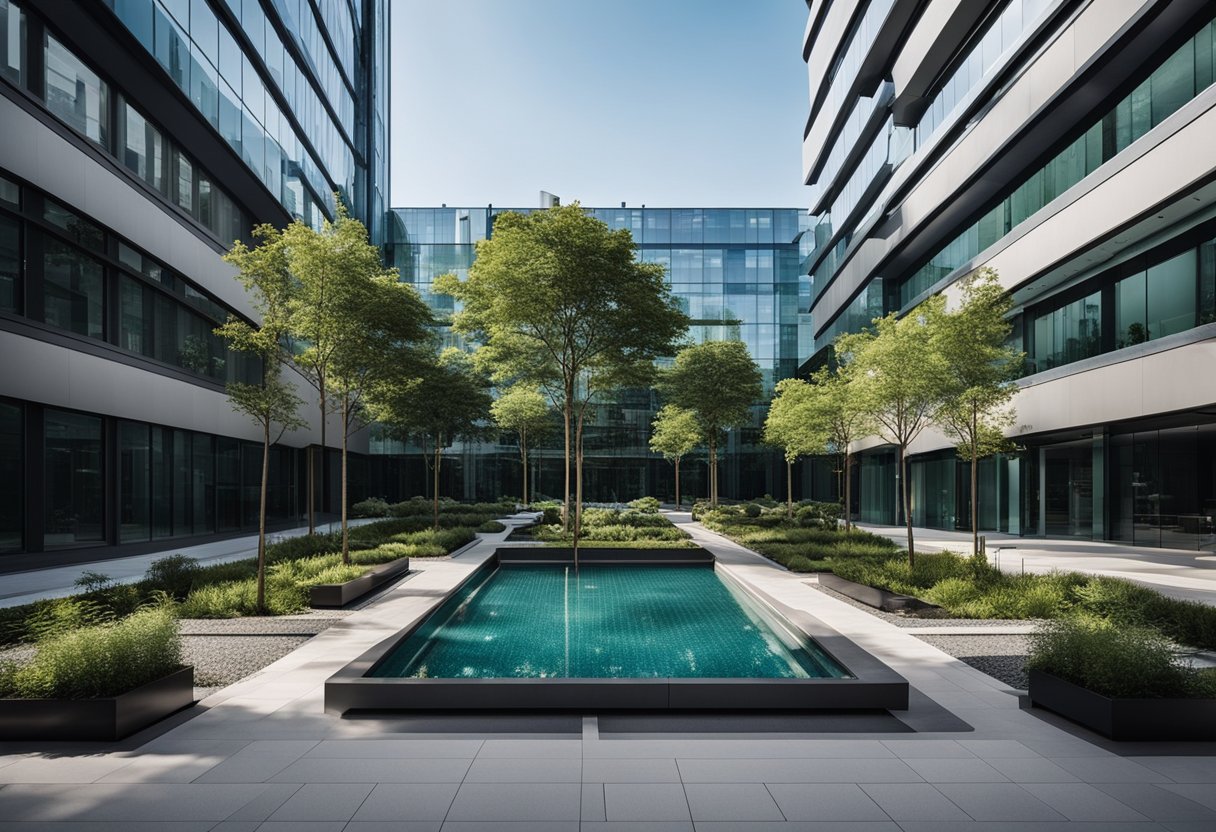 A modern office courtyard with geometric landscaping, sleek furniture, and a central water feature. Tall buildings surround the open space, with glass walls and greenery