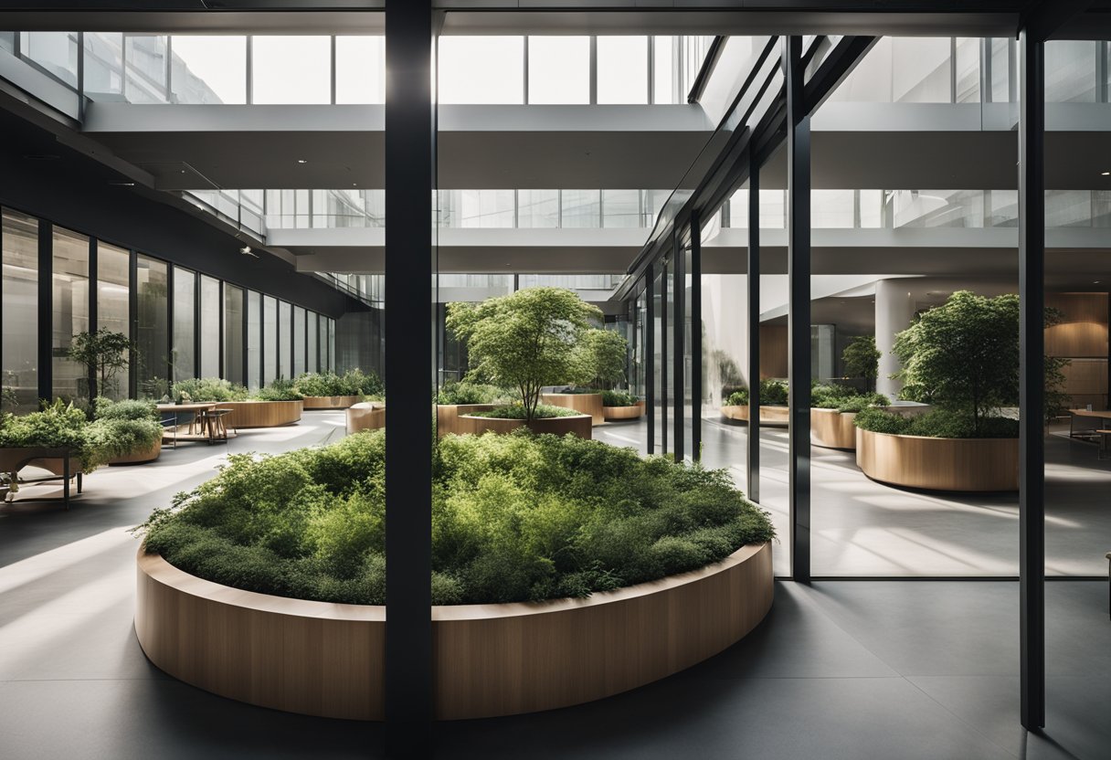 A spacious office courtyard with clean lines, geometric shapes, and balanced greenery. The space features a mix of natural and man-made materials, with a focus on functionality and aesthetics