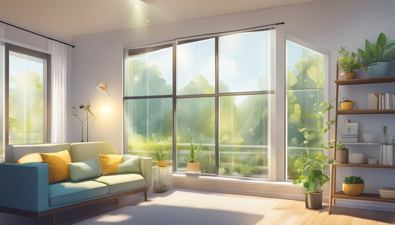 Sunlight streams through energy-efficient windows, illuminating LED lightbulbs and smart appliances in a modern, eco-friendly home