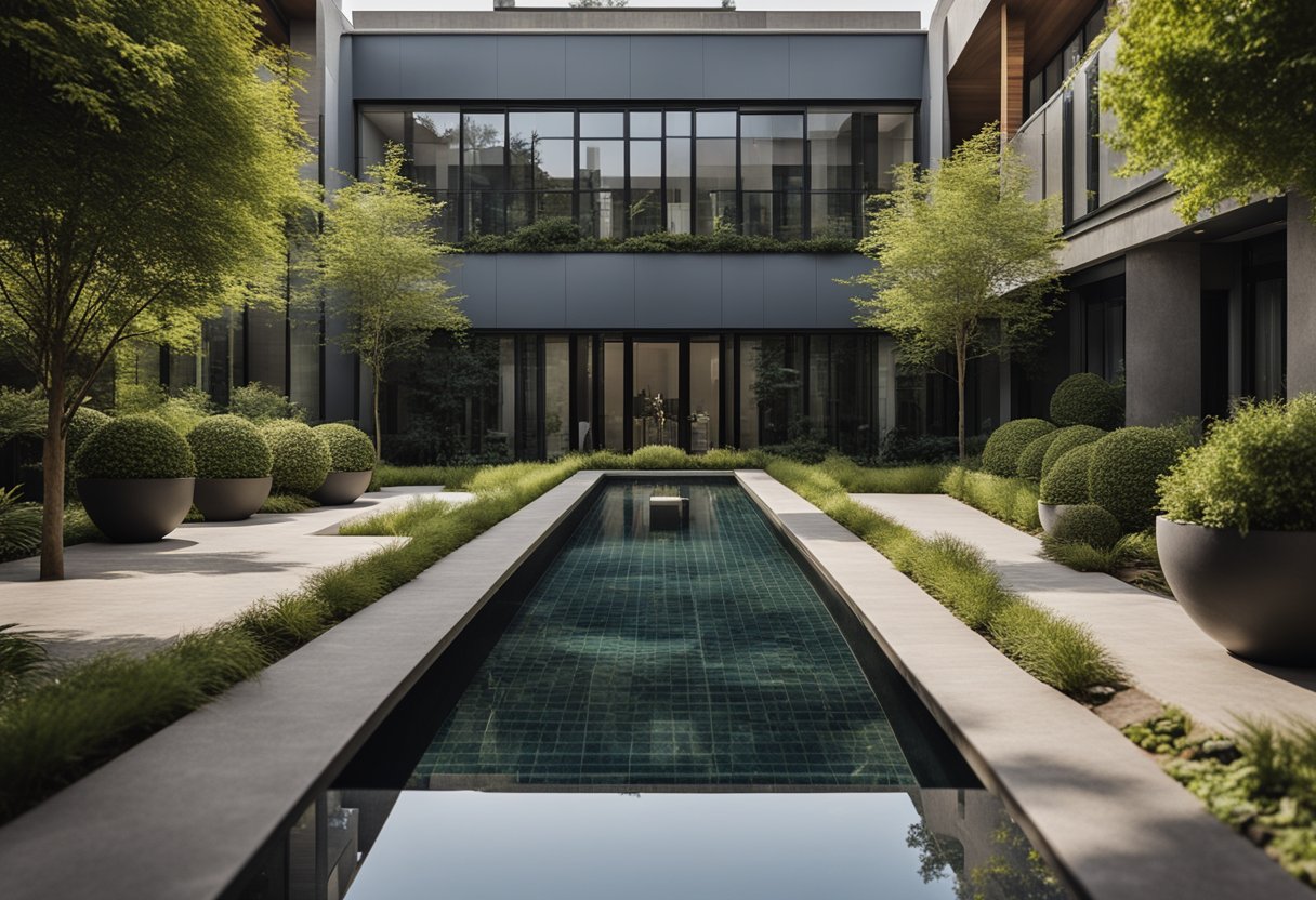 The courtyard is a symmetrical space with clean lines and minimalistic design. A central water feature reflects the surrounding greenery, while the use of natural materials such as stone and wood creates a serene and tranquil atmosphere
