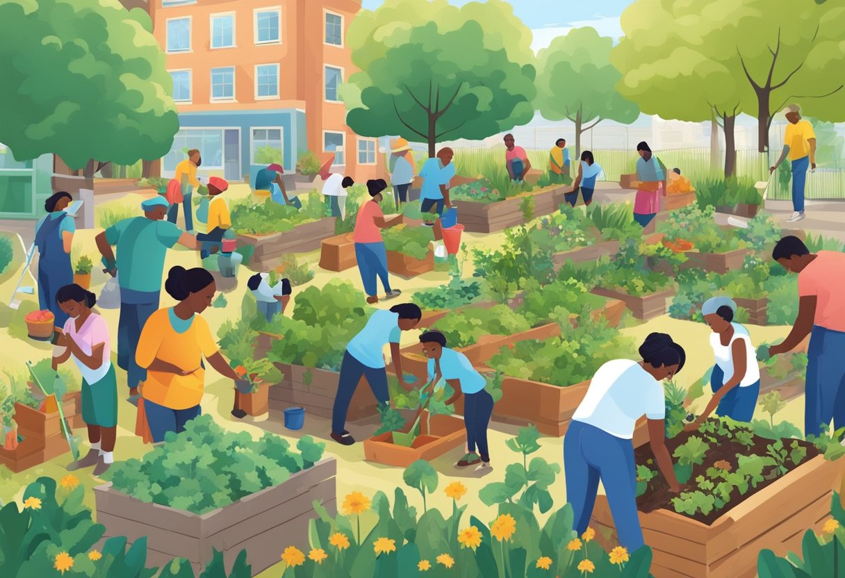 People of all ages working together in a community garden, planting and tending to vegetables and flowers. A diverse group is painting a mural on a building, while others are cleaning up a local park