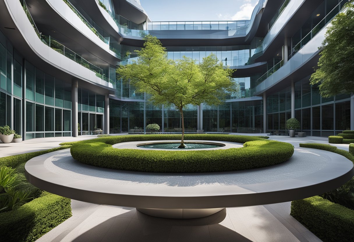 An open courtyard with modern seating, lush greenery, and a central fountain. The space is surrounded by glass-walled offices, with a clear view of blue skies above
