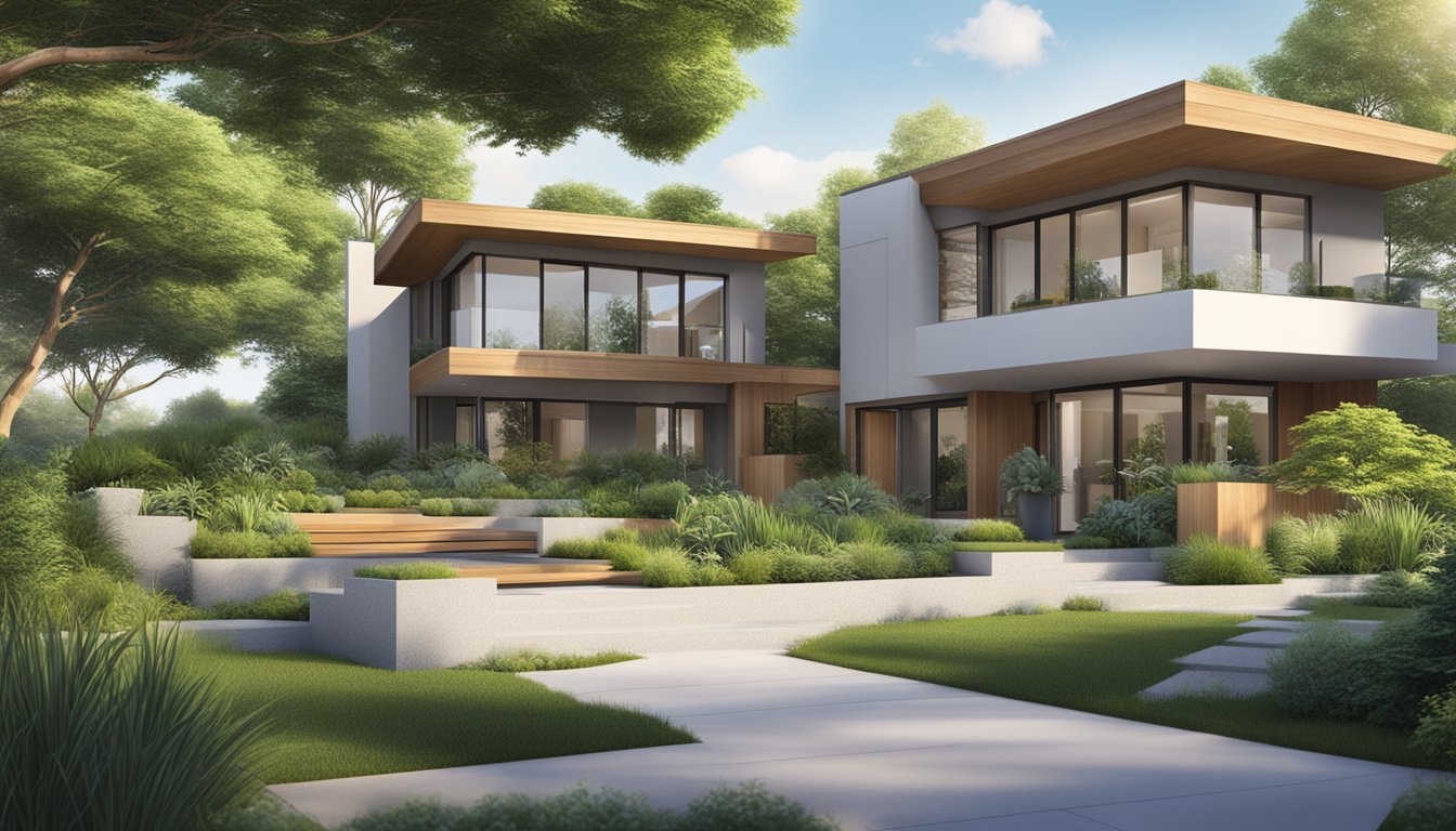 Lush greenery surrounds a modern home with eco-friendly landscaping products
