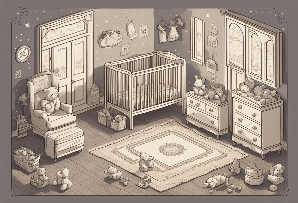 A room filled with baby toys and a crib with the name "Benjamin" embroidered on the blanket