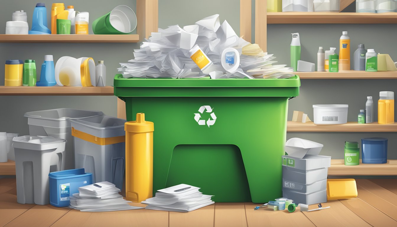 A recycling bin filled with paper, glass, and plastic sits next to a stack of eco-friendly home improvement products like energy-efficient light bulbs and low-VOC paint cans
