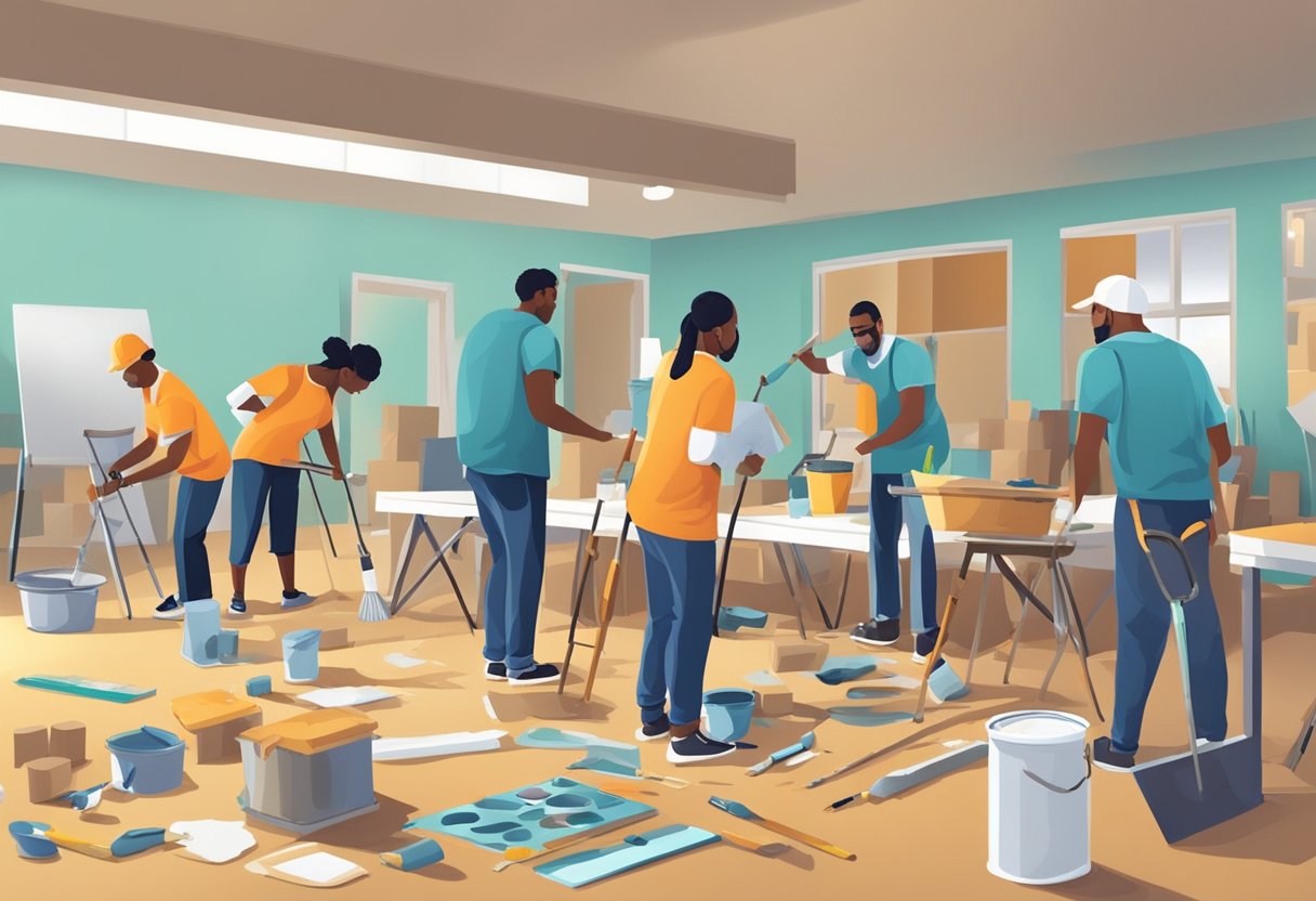 A group of volunteers are working together, painting a community center. Tools and supplies are scattered around as they collaborate to improve the space