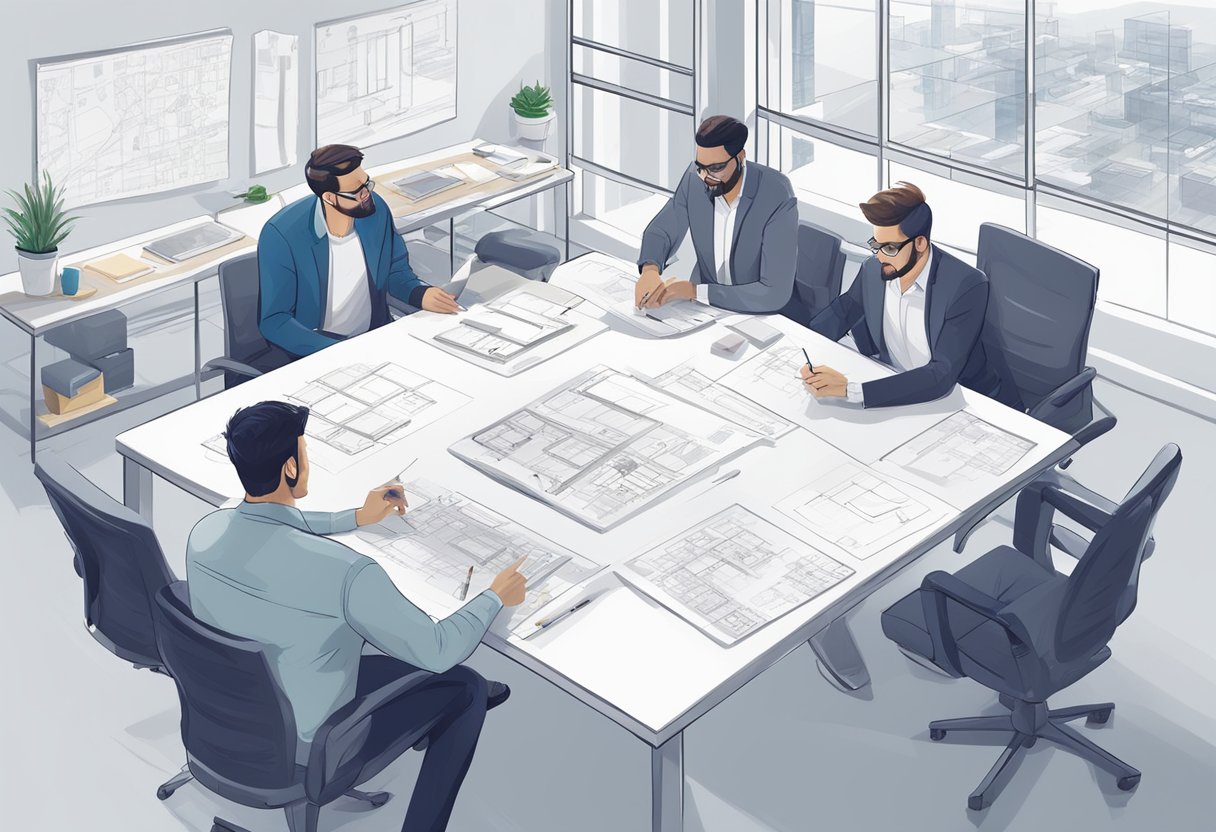 Designers brainstorm in a modern office, sketching on whiteboards and discussing ideas around a conference table. Blueprints and material samples cover the desk